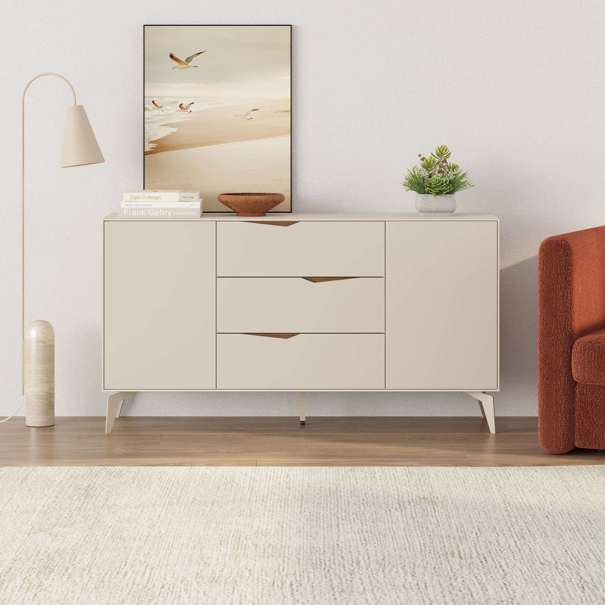 Sandstone console sideboard closed front with 3 drawers, 2 doors, tapered legs