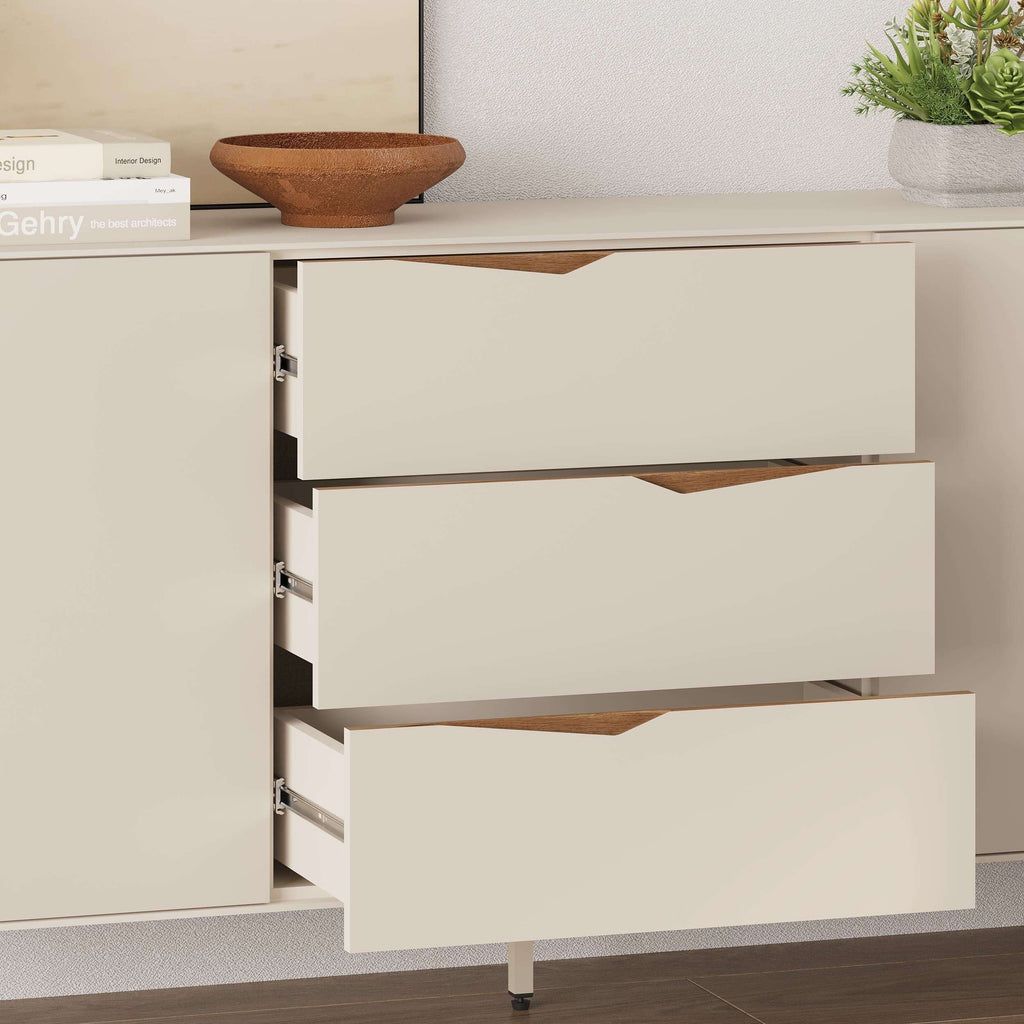 Sandstone console sideboard with drawers and open compartments, dark wood drawer fronts