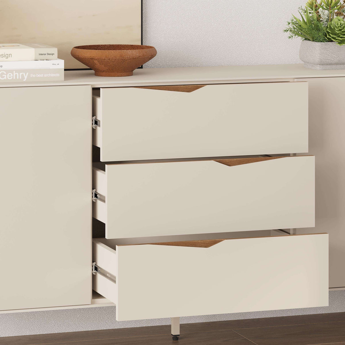 Sandstone console sideboard with drawers and open compartments, dark wood drawer fronts