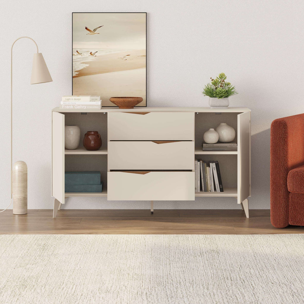 Sandstone console sideboard with doors open, shelving inside, 3 drawers and dark accents