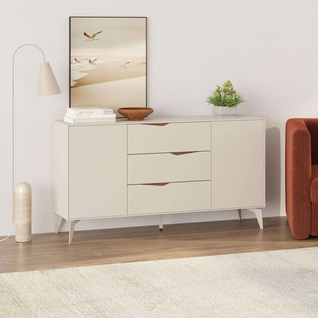 Sandstone console sideboard with 3 drawers, 2 doors, dark wood panels, tapered legs