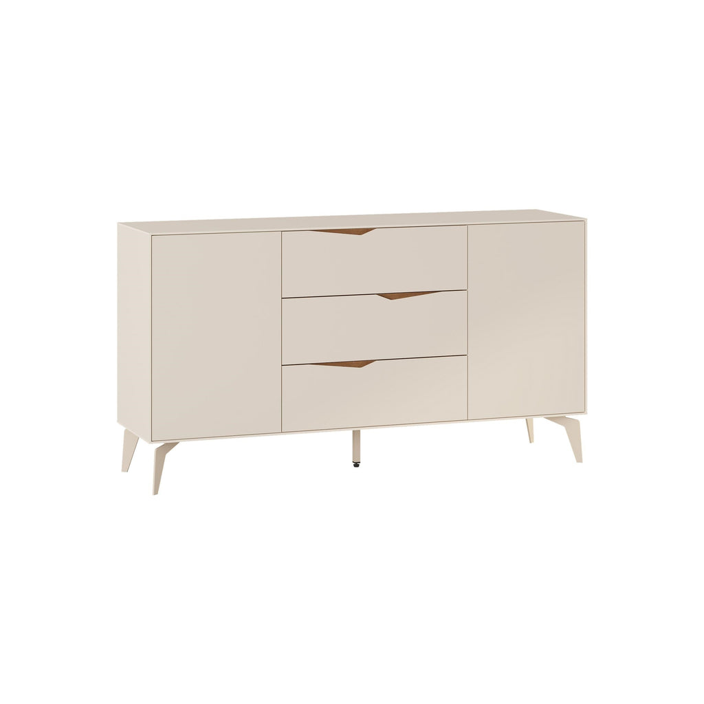 Sandstone console sideboard front view with 3 drawers, 2 doors, dark wood inlays