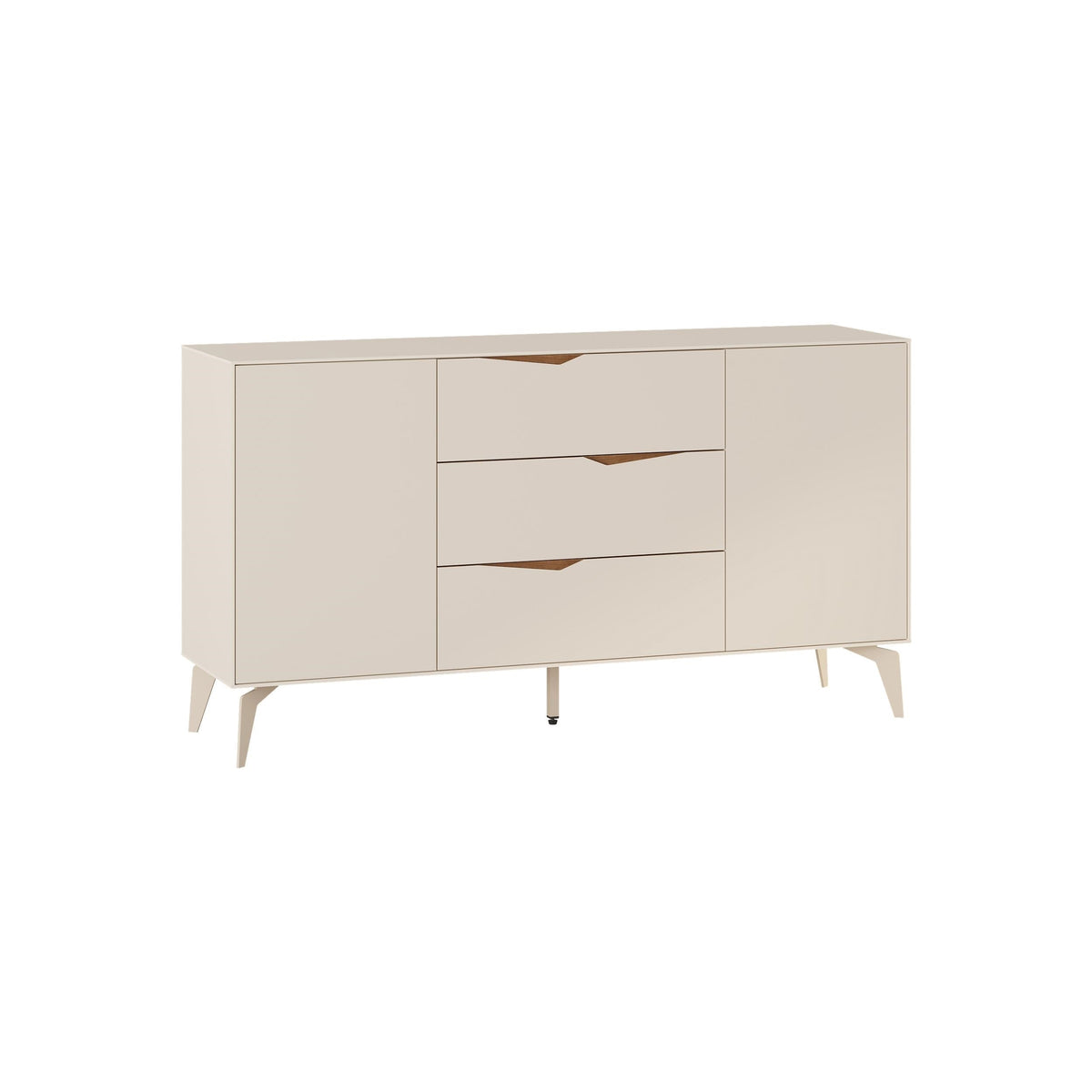 Sandstone console sideboard front view with 3 drawers, 2 doors, dark wood inlays