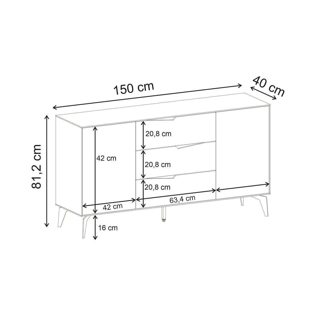 Sandstone console sideboard dimensions diagram: 150 cm wide, 81.2 cm high