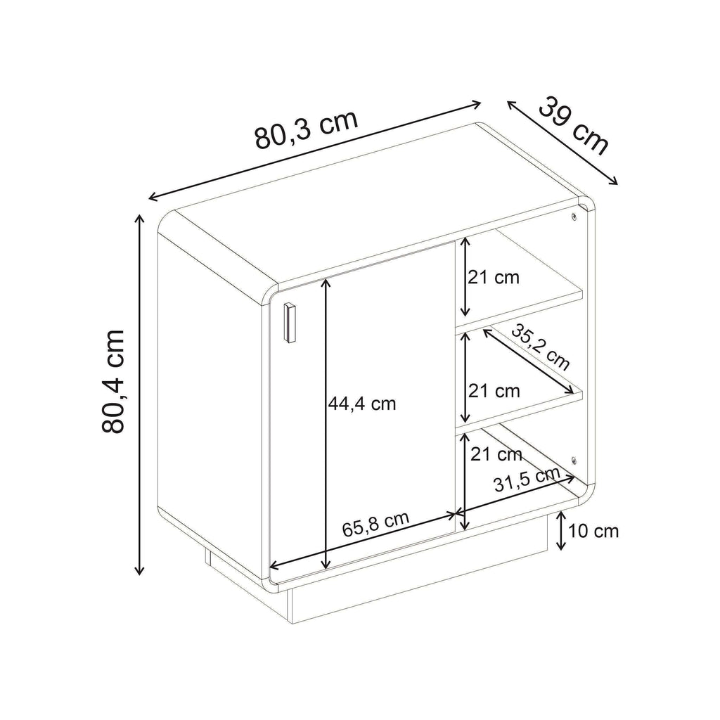 Sideboard dimensions drawing with rounded front and open shelving compartments