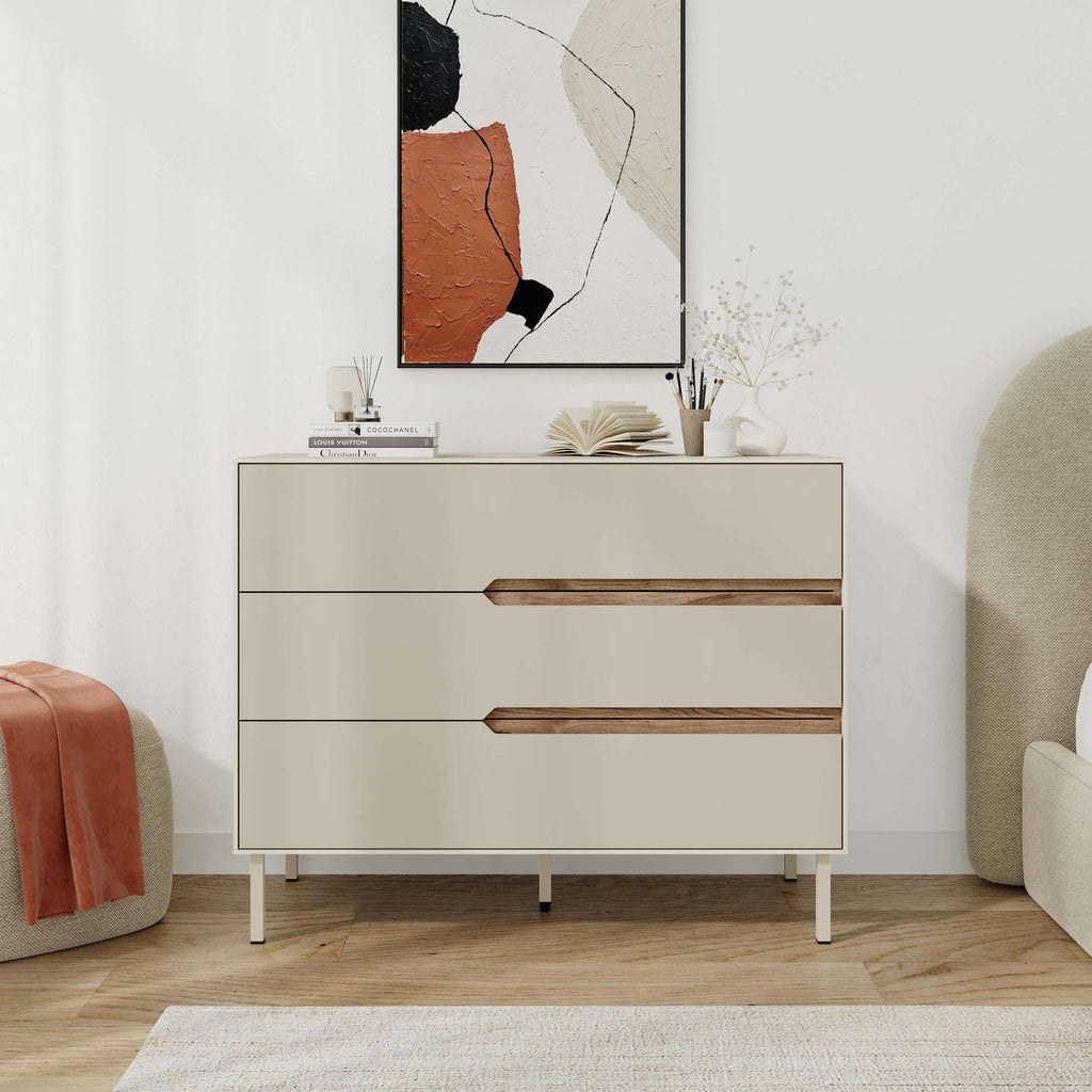Sandstone modern chest of drawers with three drawers and wood bar handles, slim legs