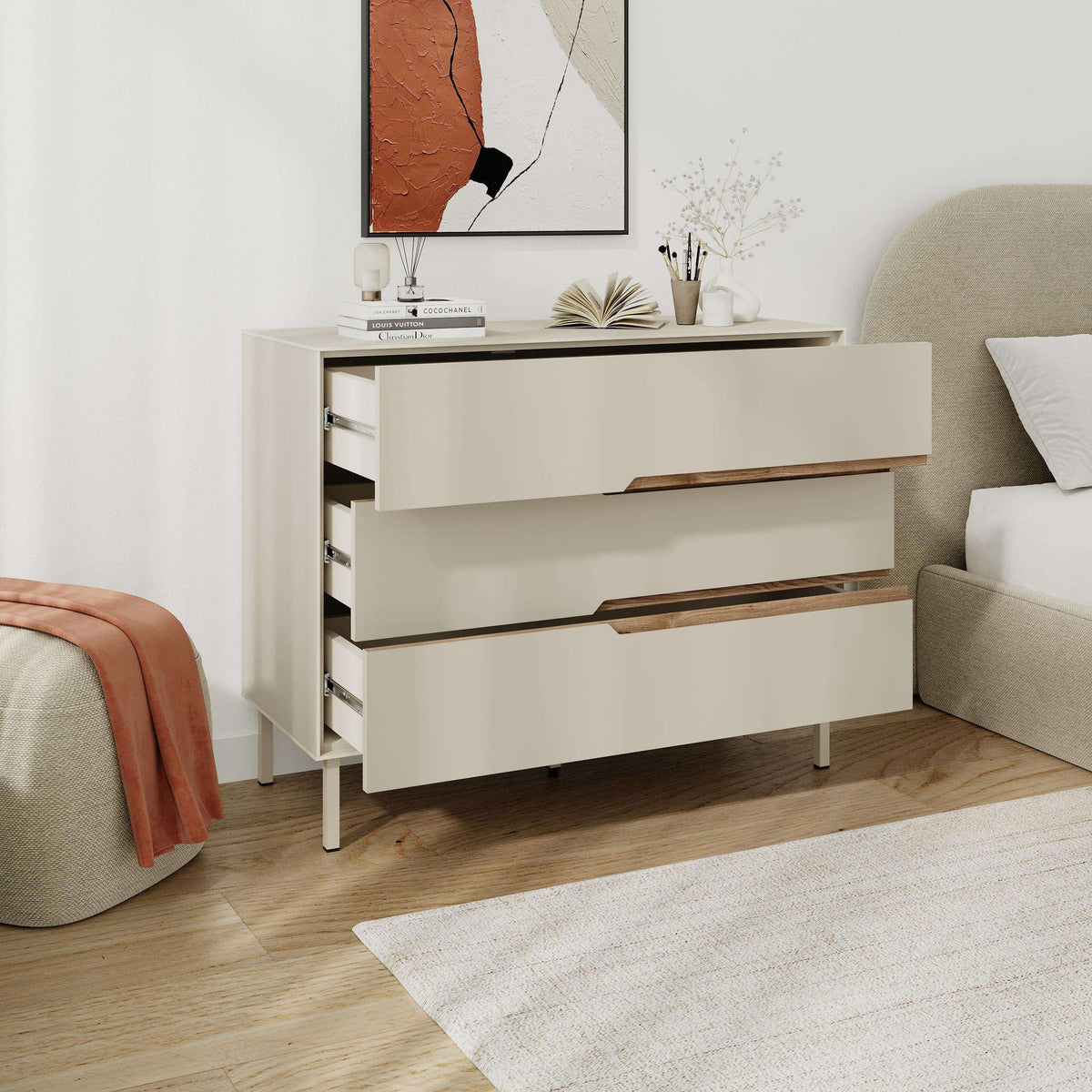 Sandstone modern chest of drawers with three drawers, open sides, wood bar handles
