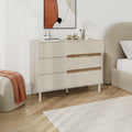 Sandstone modern chest of drawers with three drawers, wood bar handles, tapered legs