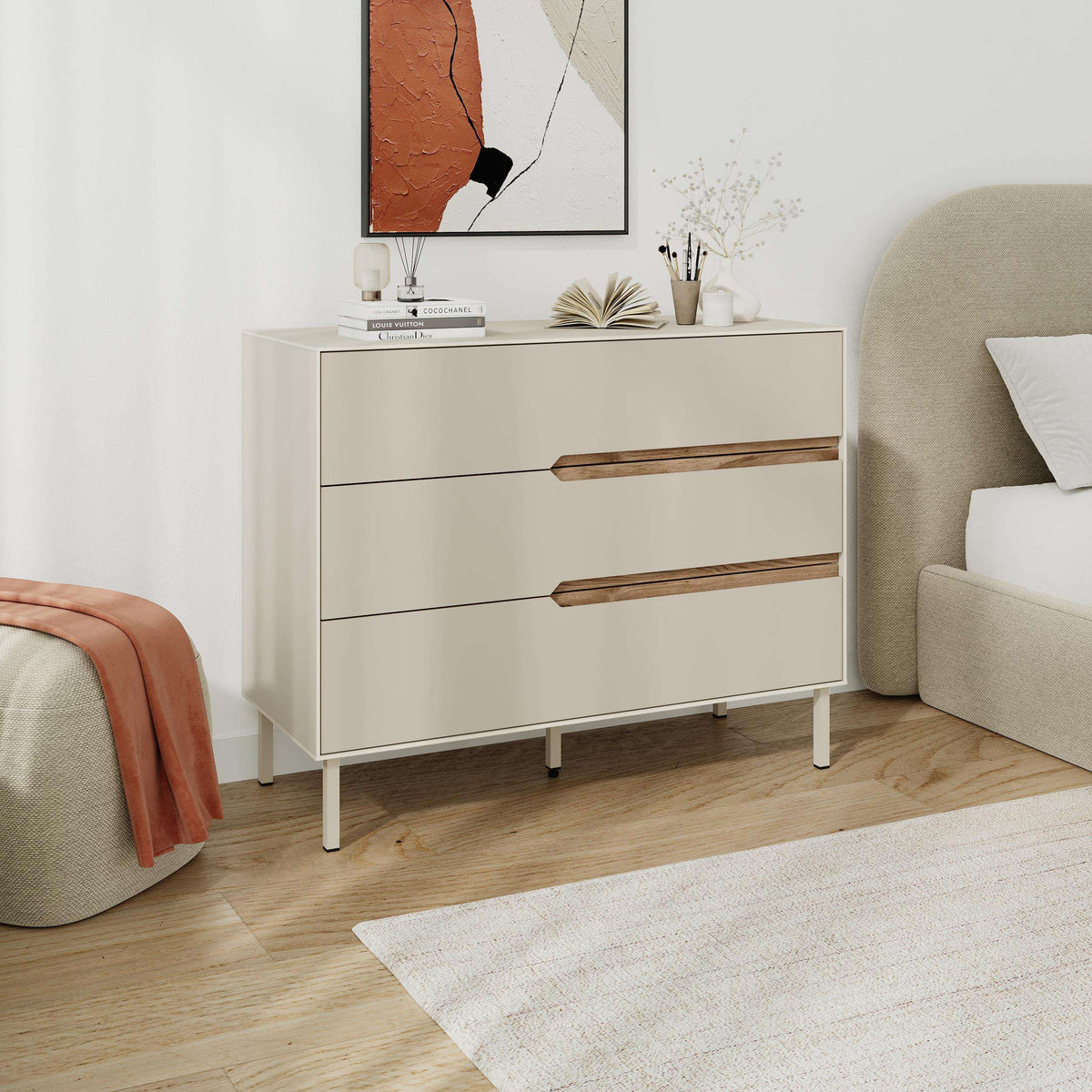 Sandstone modern chest of drawers with three drawers, wood bar handles, tapered legs