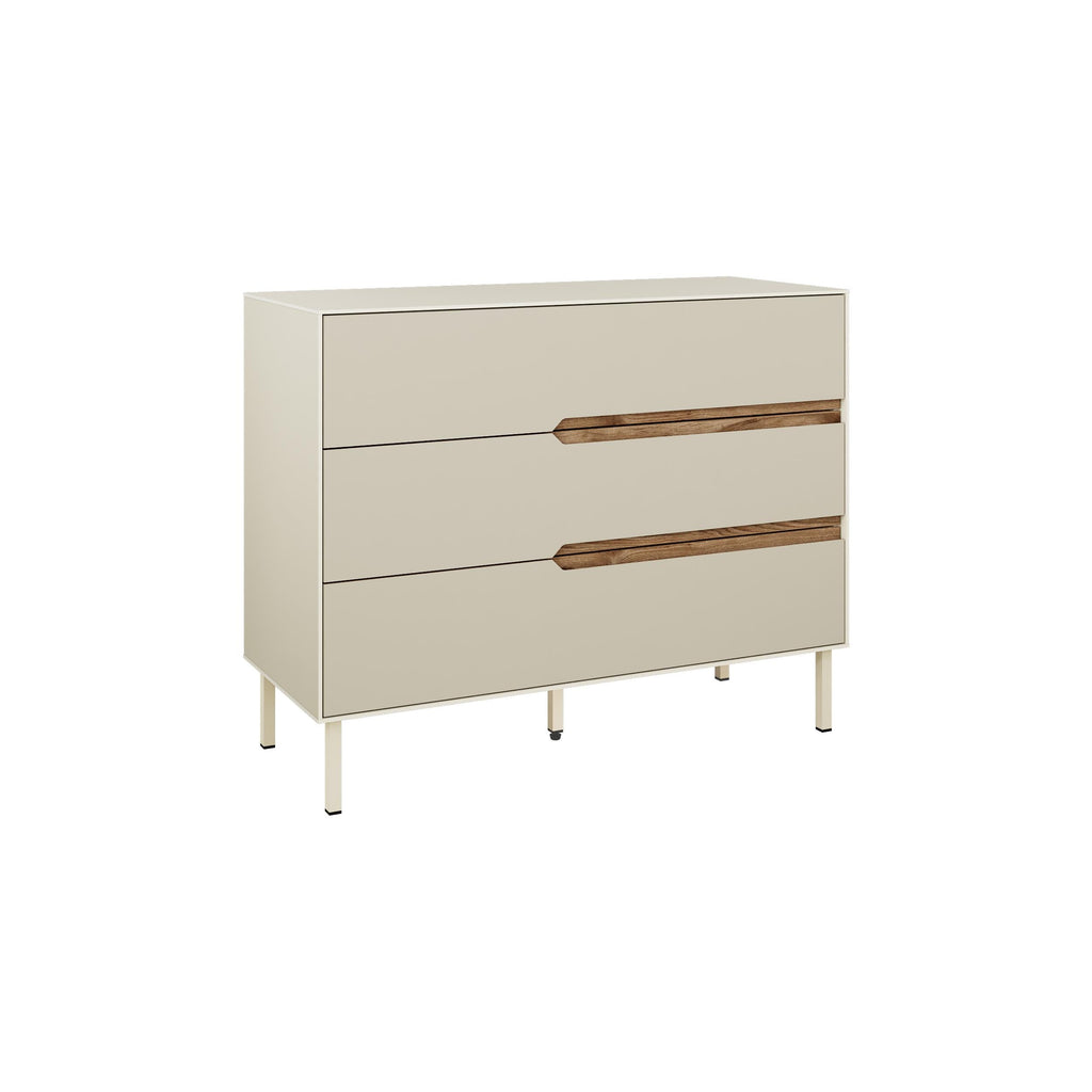 Sandstone modern chest of drawers with three drawers and wood bar handles, angled legs