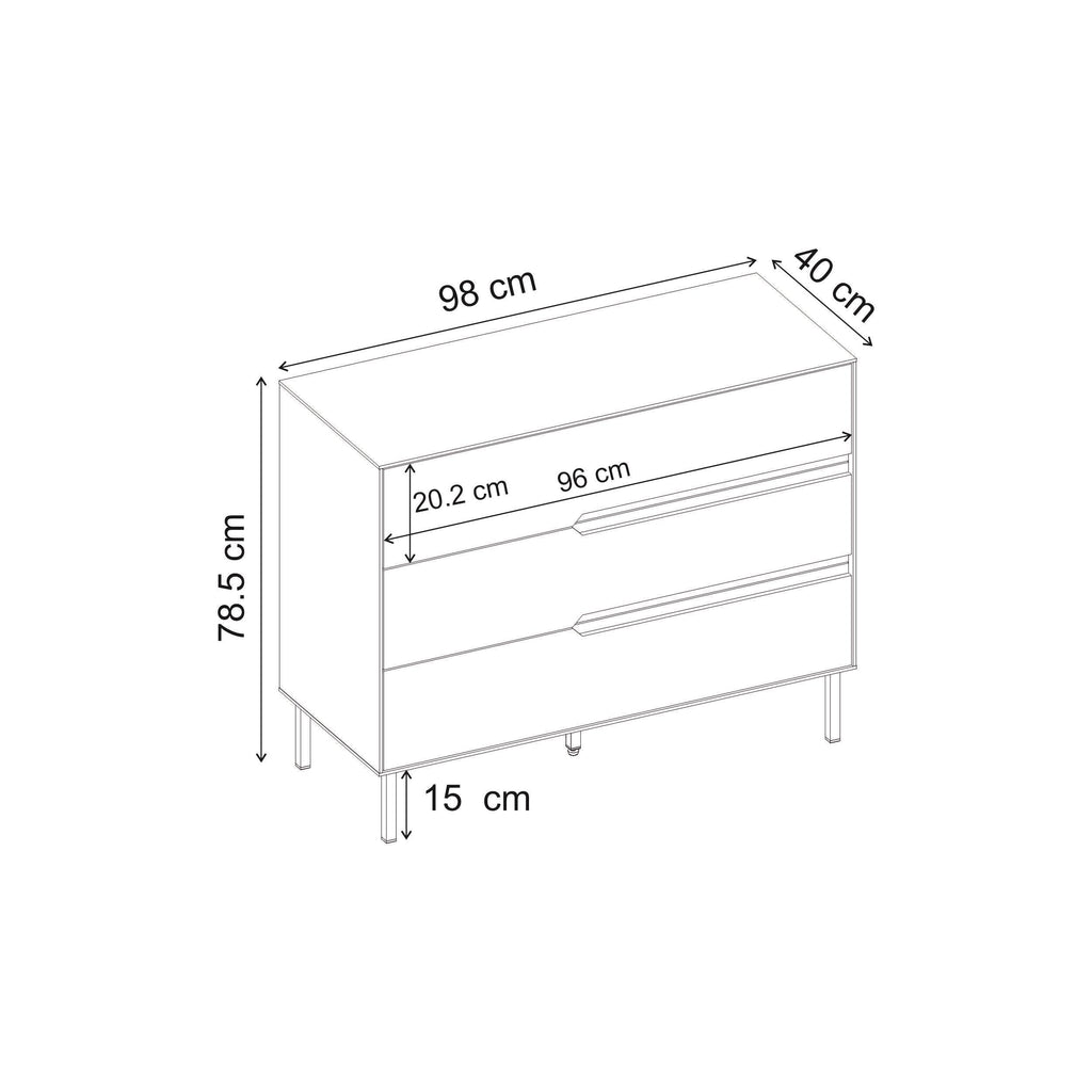 Modern chest of drawers line drawing with three drawers and tapered legs