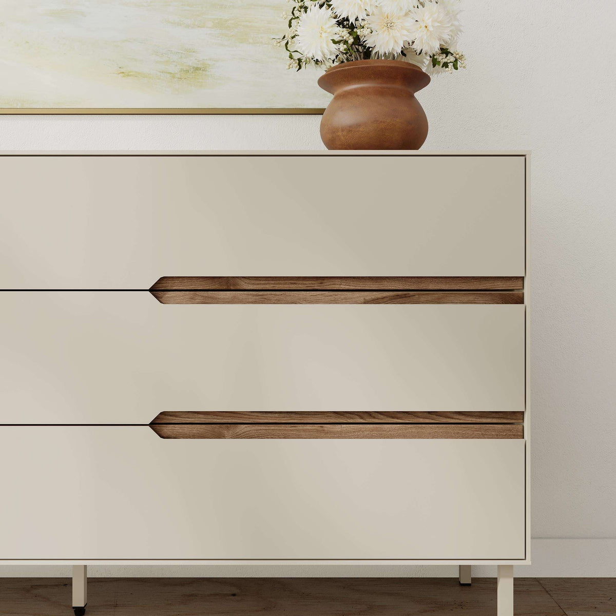 Sandstone sideboard close-up: two drawers with deep oud bar pulls