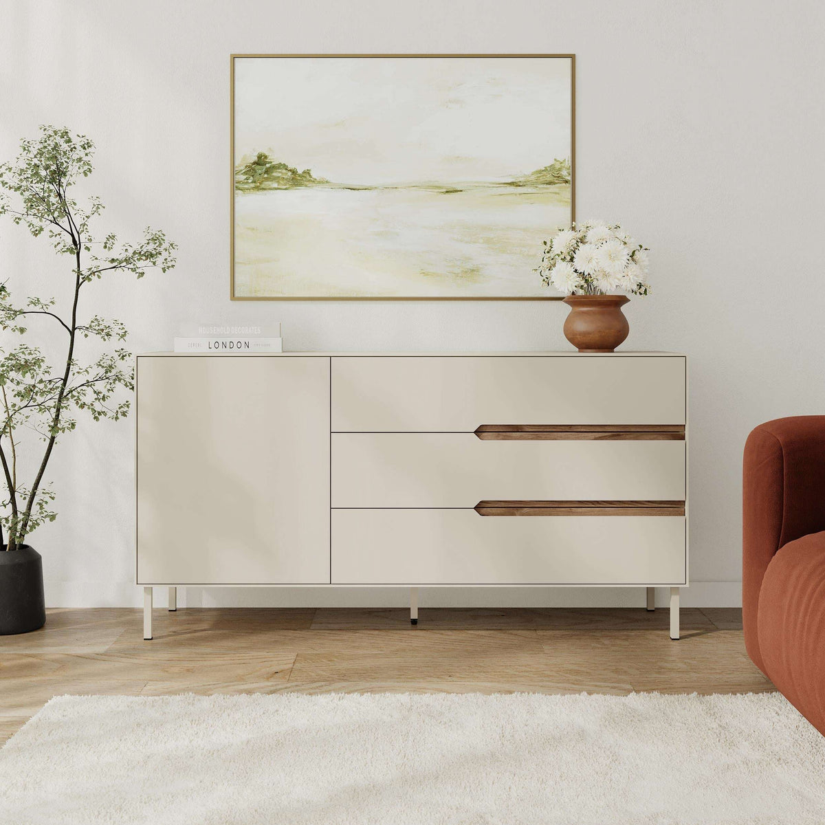 Sandstone modern sideboard with deep oud handles, 2 drawers and 2 doors