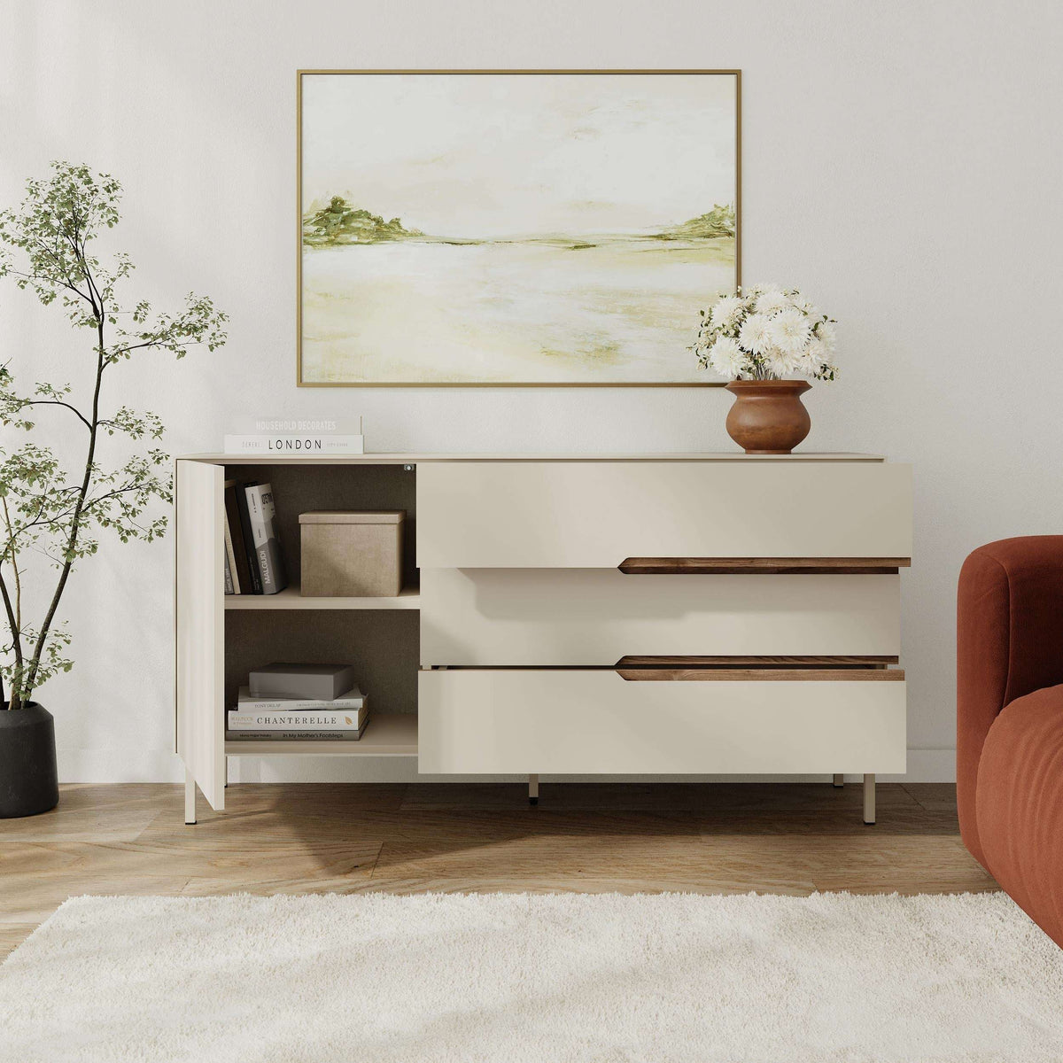 Sandstone sideboard with deep oud handles, open shelf cabinet on the left