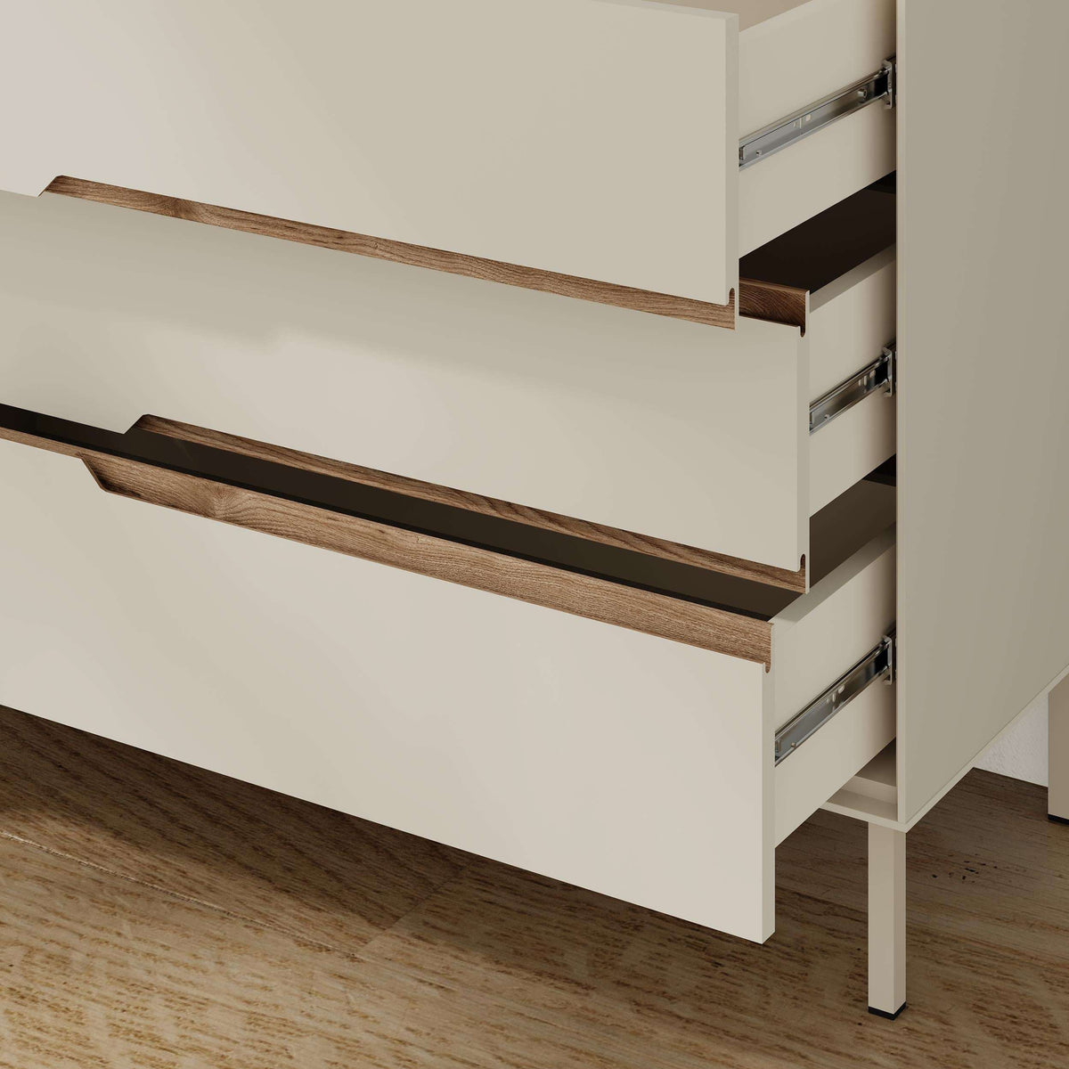 Sandstone sideboard with deep oud pulls, open storage compartments