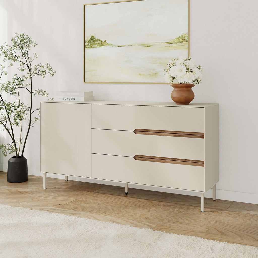 Sandstone modern sideboard with deep oud bar handles, 2 drawers, 2 cabinet doors