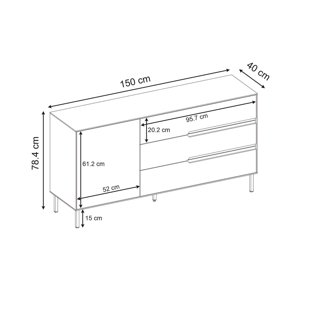 Sideboard dimensions: 150cm wide, 78.4cm high, 40cm deep