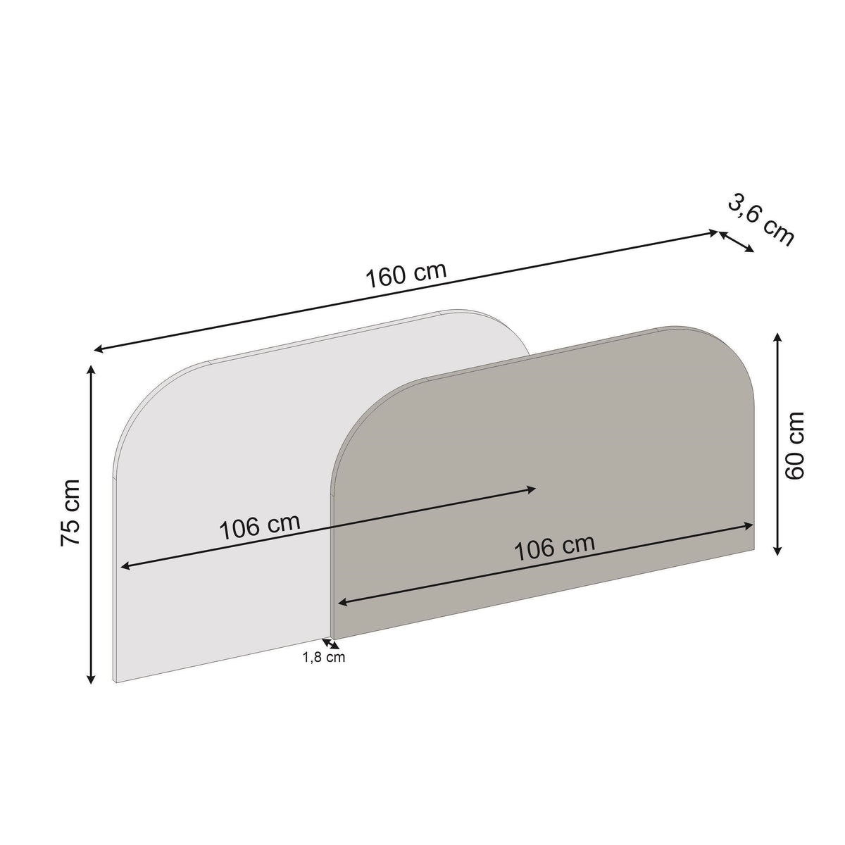 Wall-mounted headboard dimensions: 160 cm wide, 75 cm high, 1.8 cm thick
