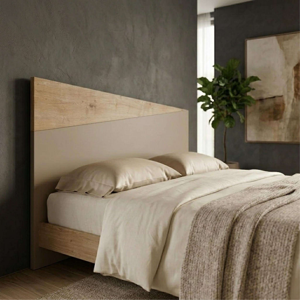 Wall-mounted headboard with light oak beam and recessed sandstone panel