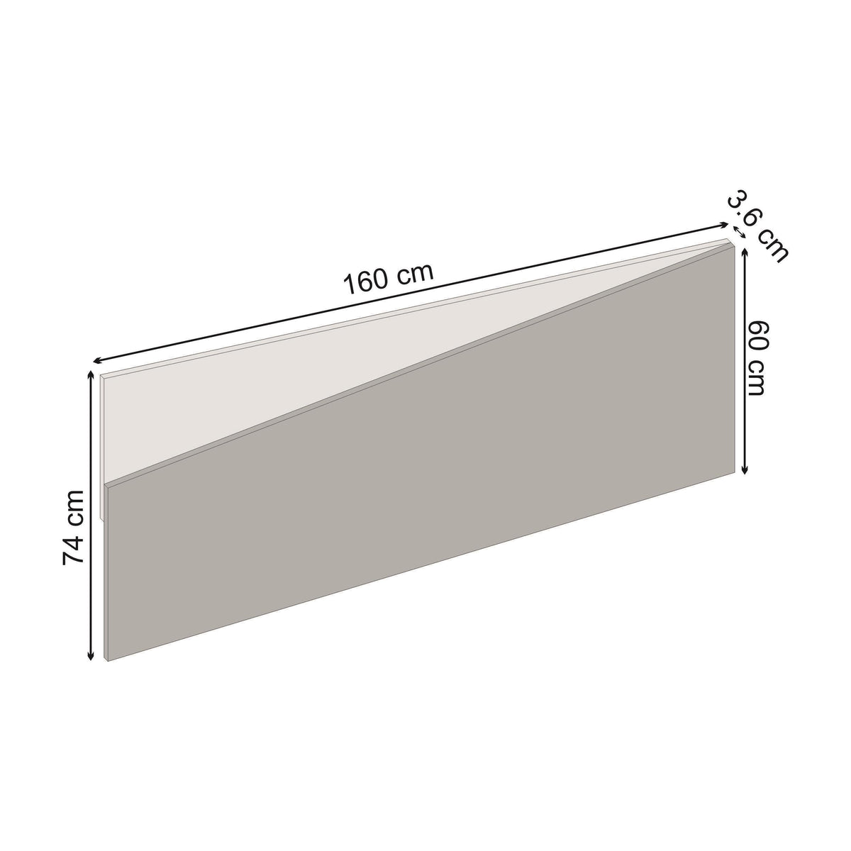 Wall-mounted headboard dimensions: 160 cm wide, 74 cm high, 60 cm depth