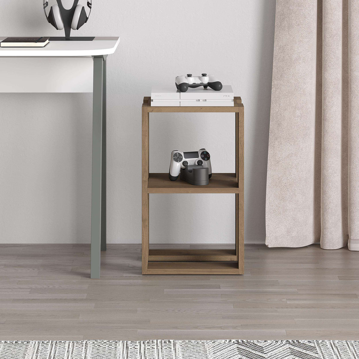 Modern bedside side table with two open shelves in light wood finish