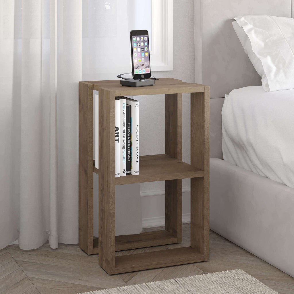 Modern bedside side table with open shelves in light wood finish