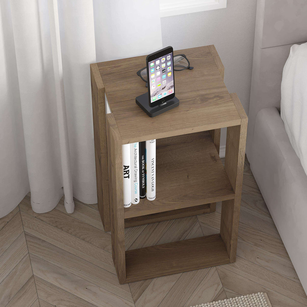 Light wood bedside side table with two open shelves and phone stand