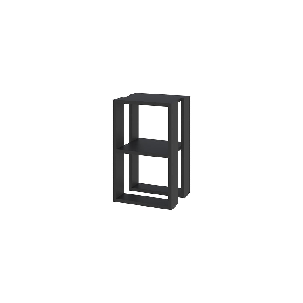 Black bedside table with two open levels, minimalist frame design