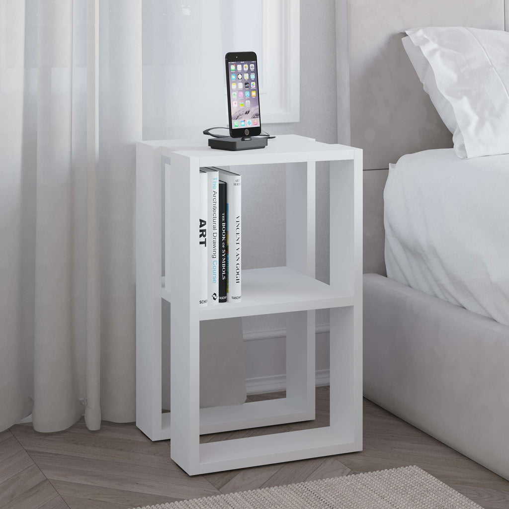Modern bedside table with open shelves, white finish and phone stand on top