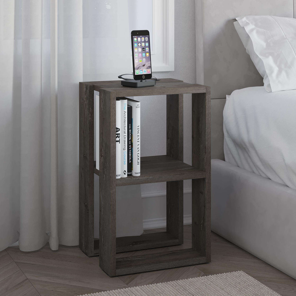 Modern bedside table with open shelf, dark coffee brown finish and books