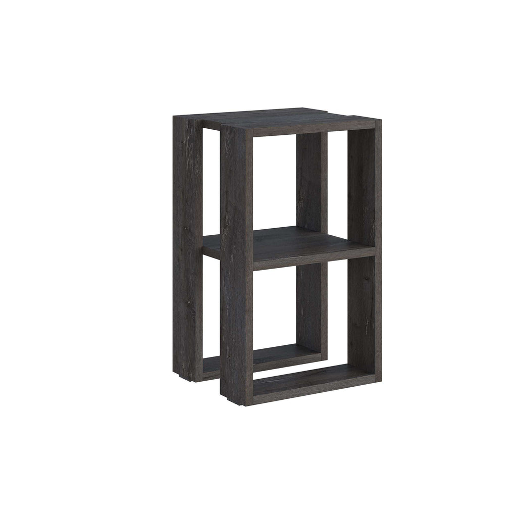 Modern bedside table with open shelves, dark coffee brown woodgrain finish