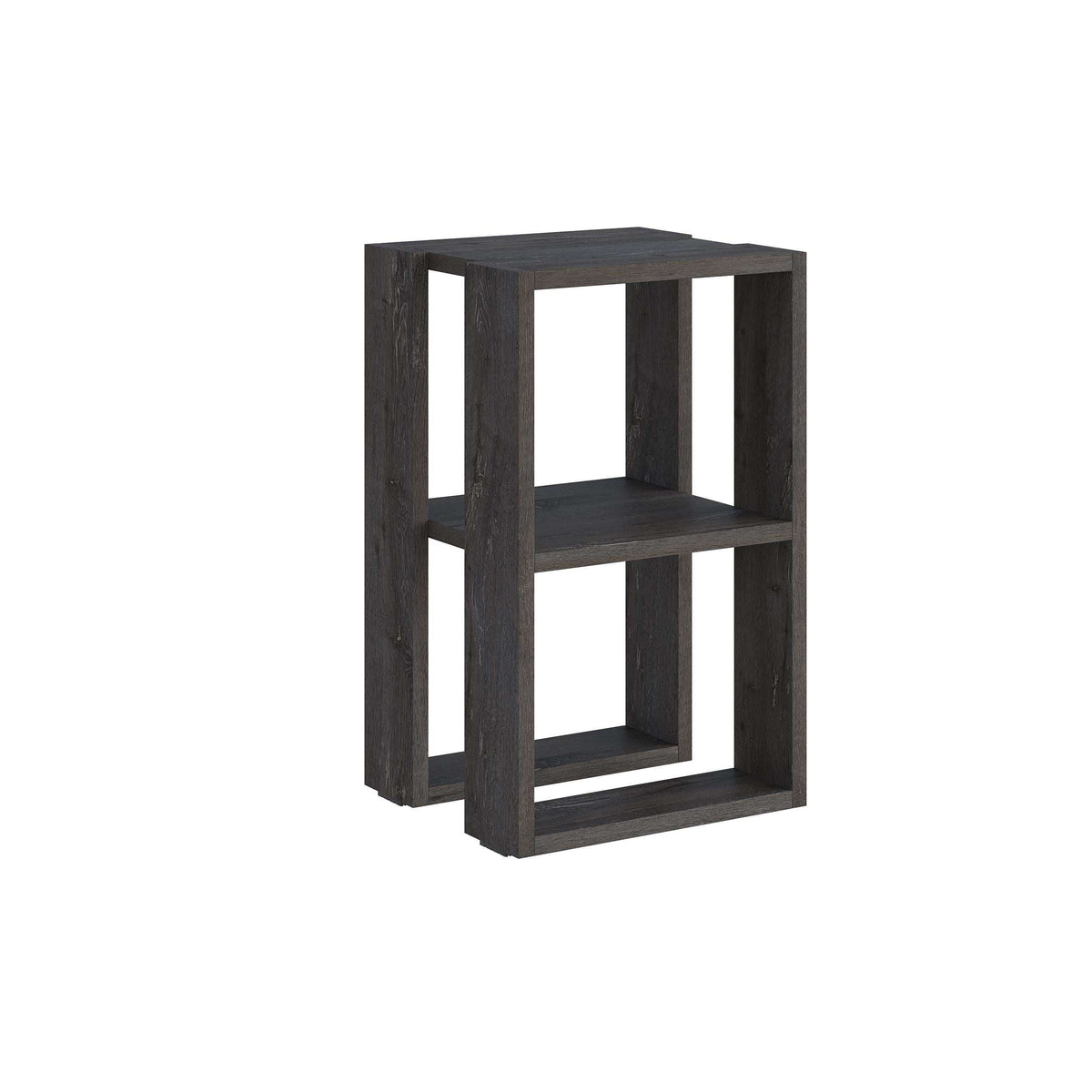 Modern bedside table with open shelves, dark coffee brown woodgrain finish