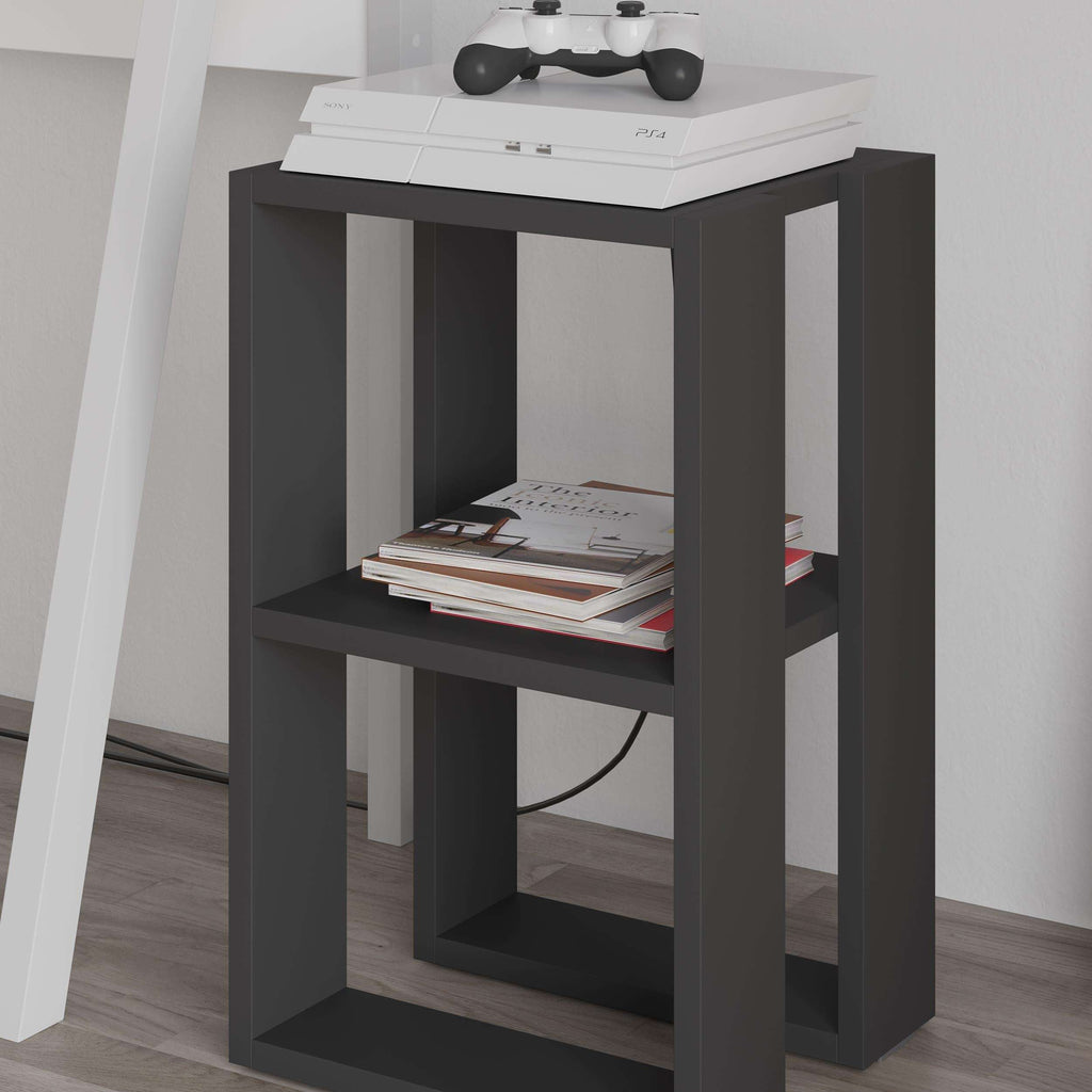 Dark coffee bedside table with two open shelves and flat top, 34cm width