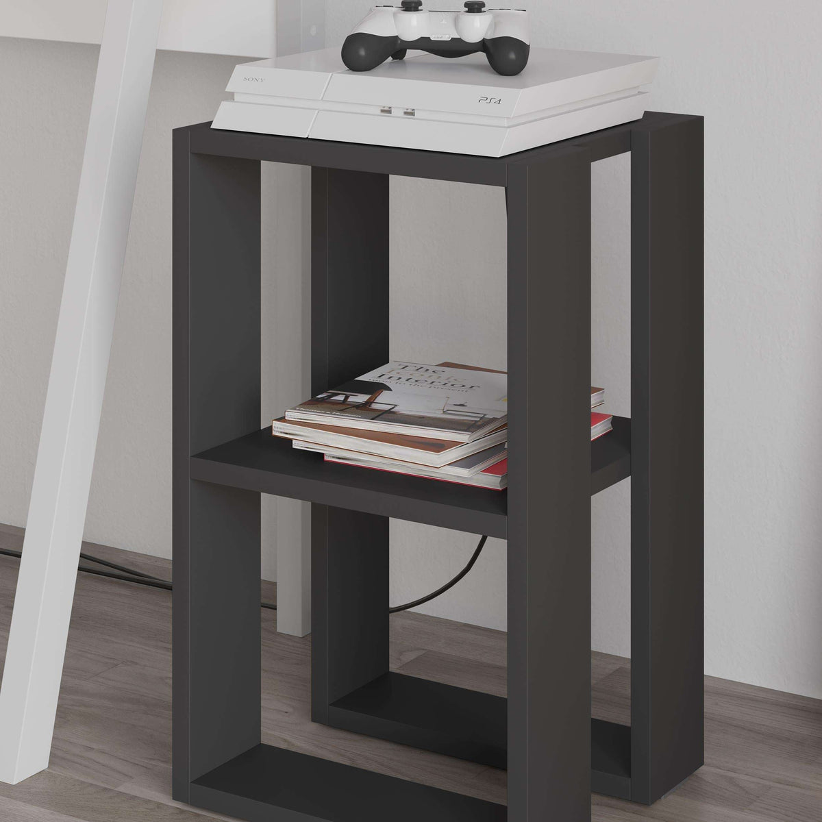 Dark coffee bedside table with two open shelves and flat top, 34cm width