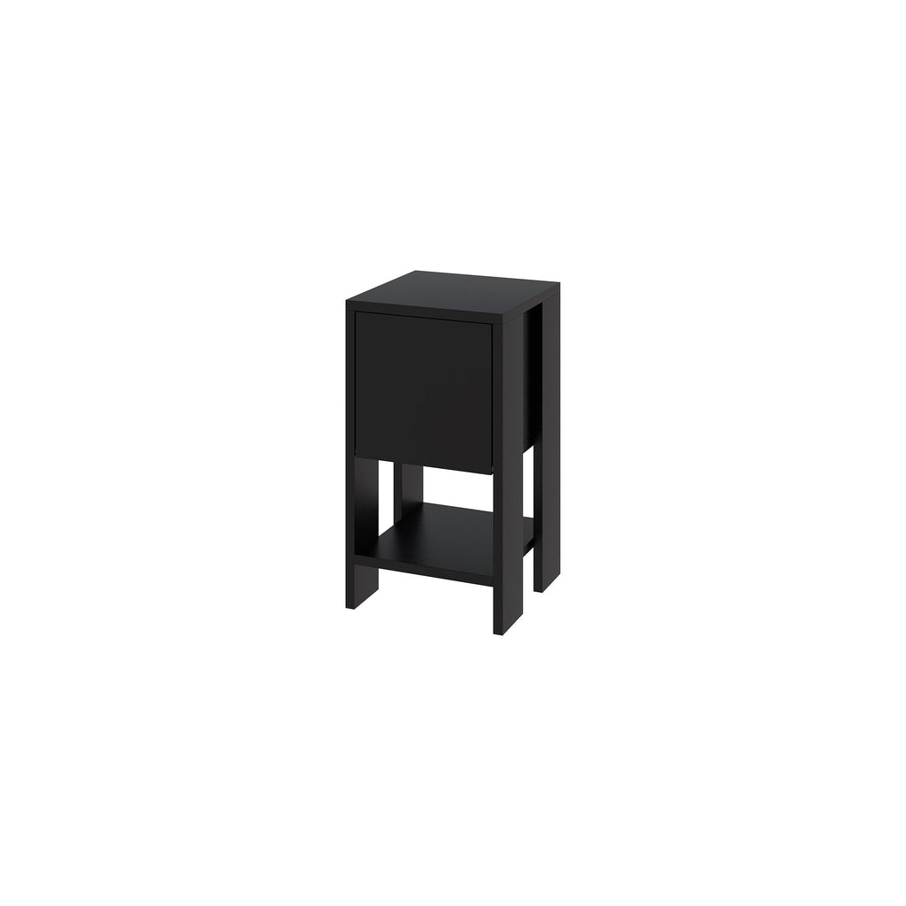 Black bedside table with compact cabinet and open lower shelf.