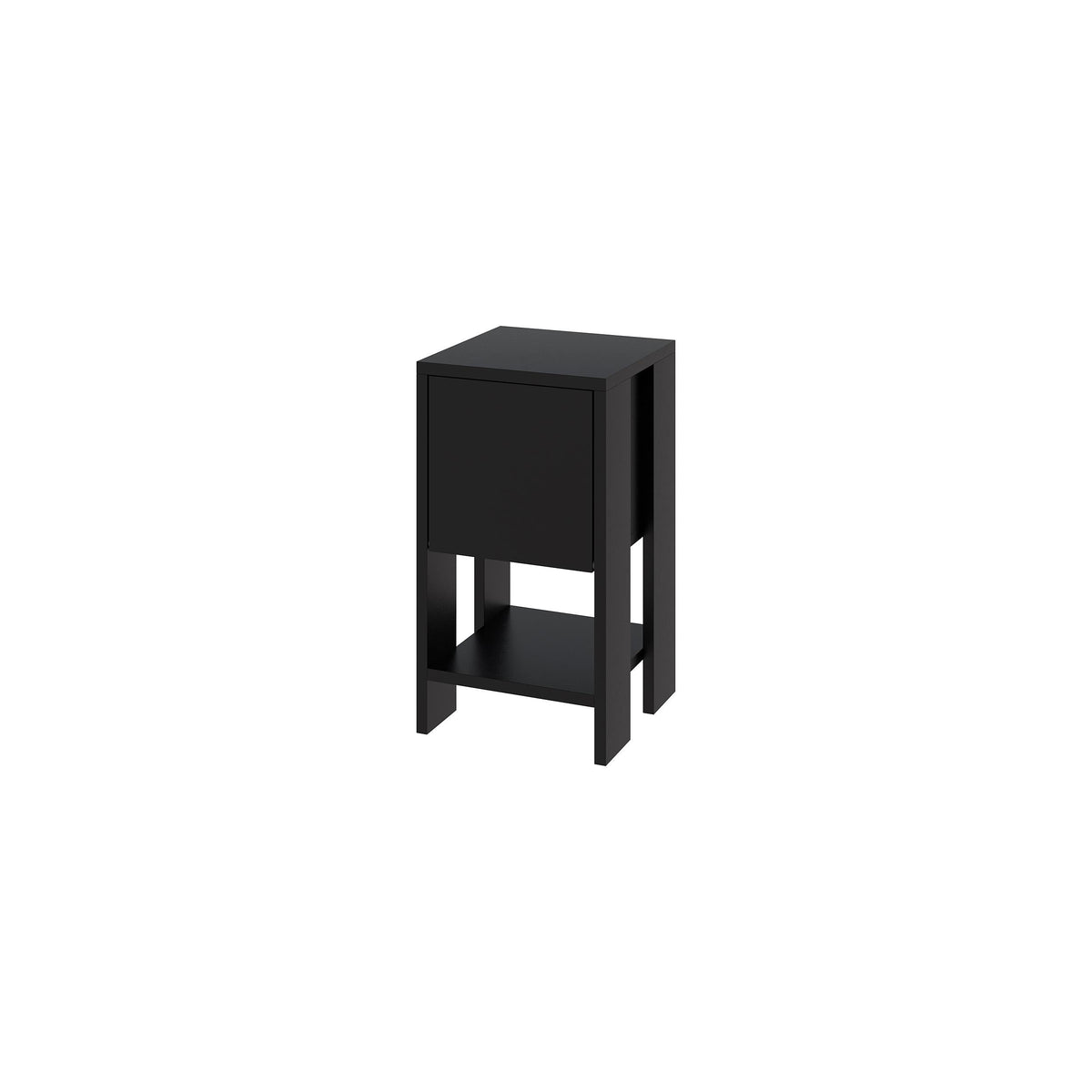 Black bedside table with compact cabinet and open lower shelf.