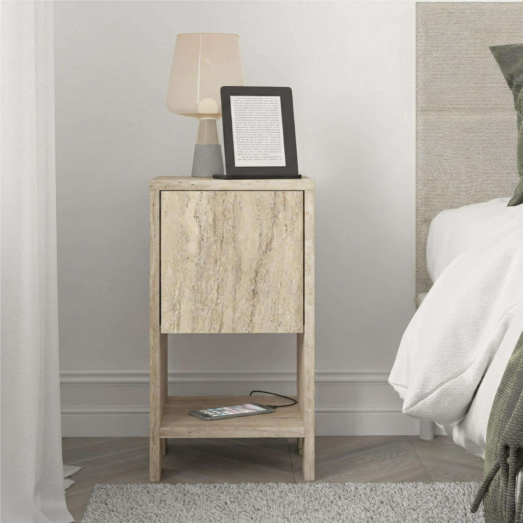 Light travertine bedside table with open shelf, single drawer front, 30cm wide.