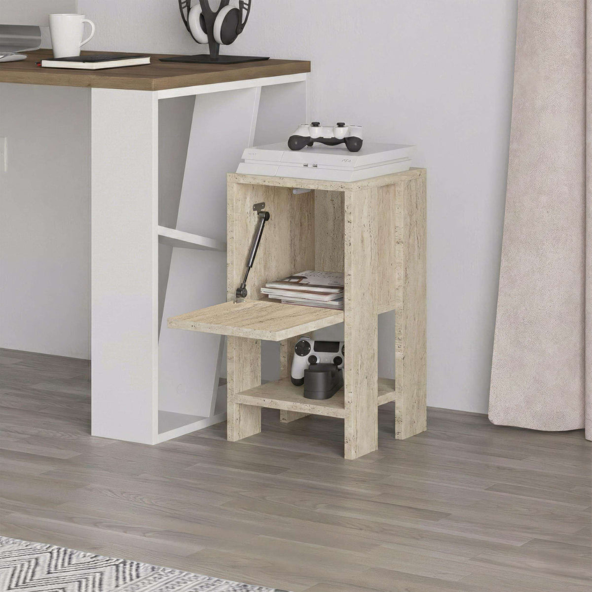 Modern bedside table with open shelves, light travertine wood finish, 30cm wide.