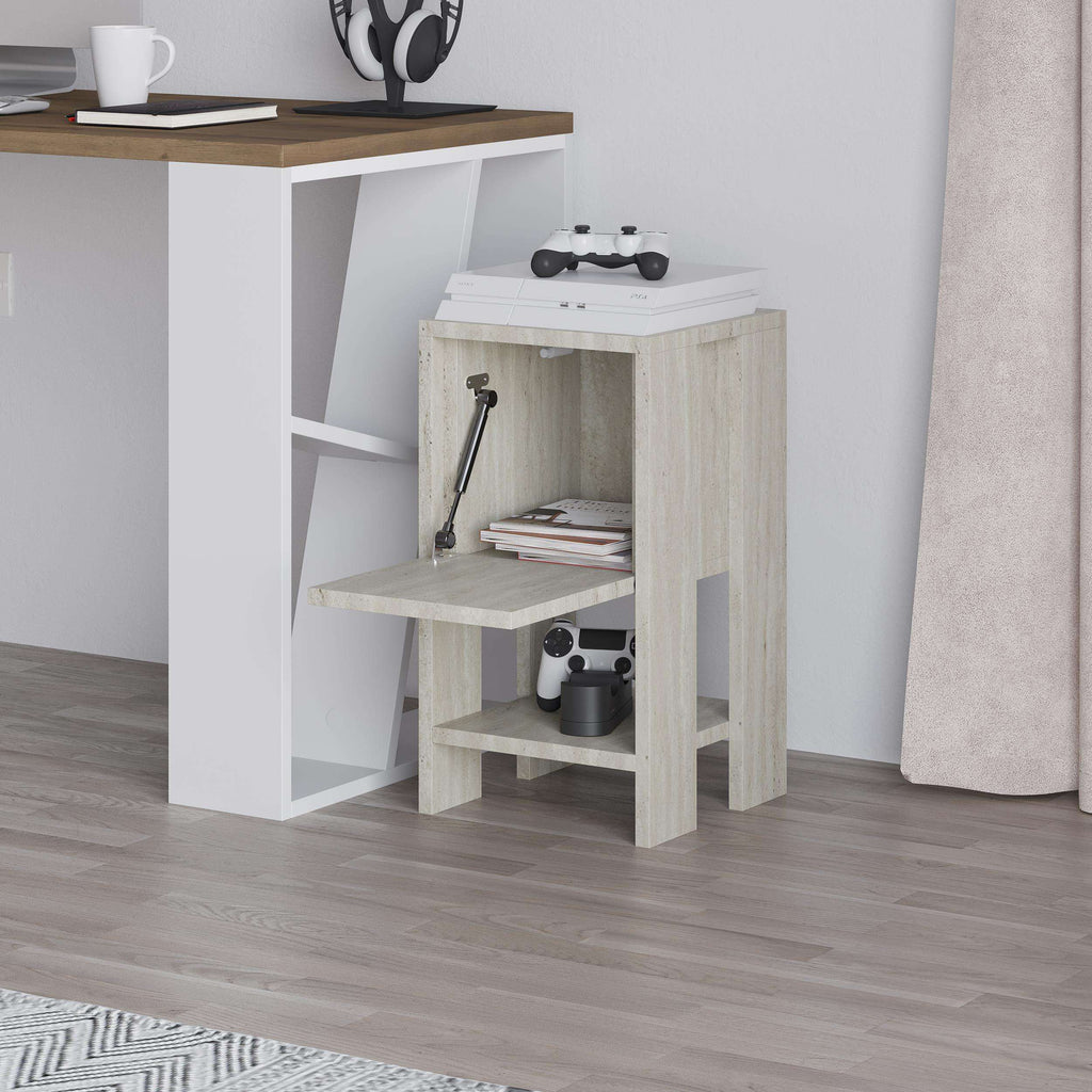 Modern bedside table with open shelves, light travertine wood finish, 30cm wide.