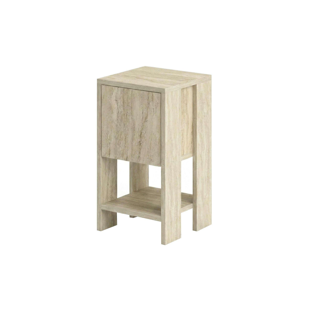 Light travertine bedside table with open shelf and two-tone cabinet front, 30cm wide.