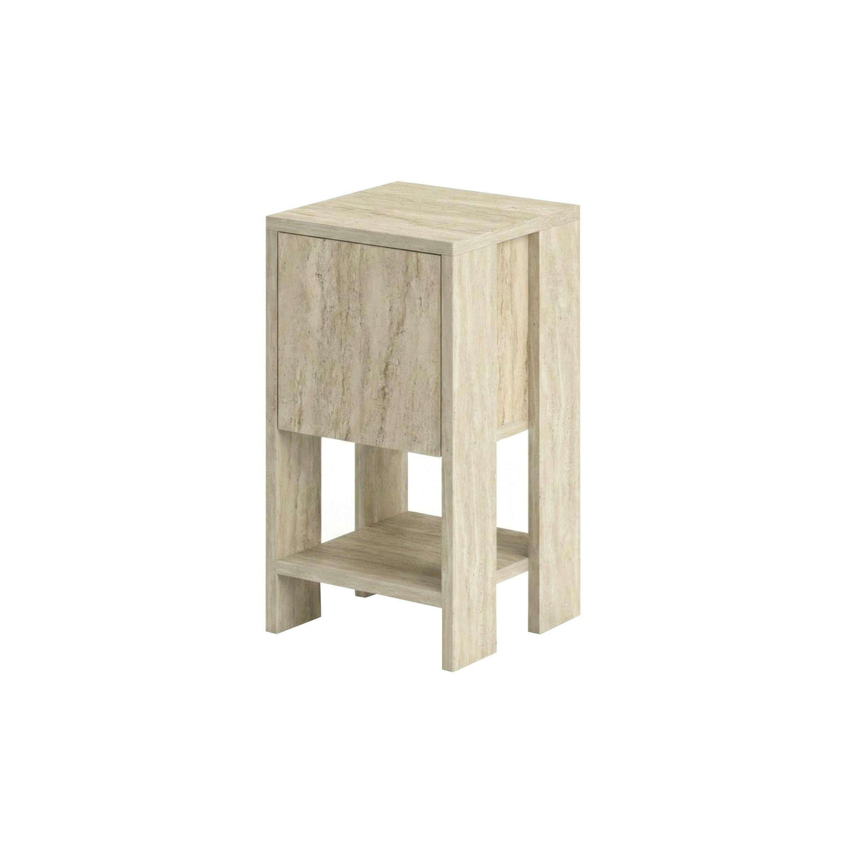 Light travertine bedside table with open shelf and two-tone cabinet front, 30cm wide.