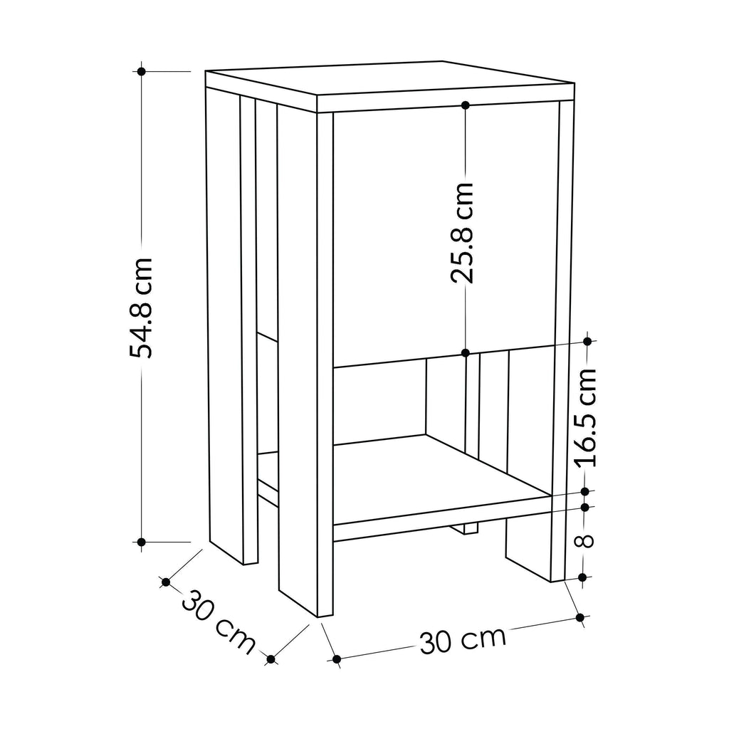 Modern bedside table with open shelf and single door, 30cm width