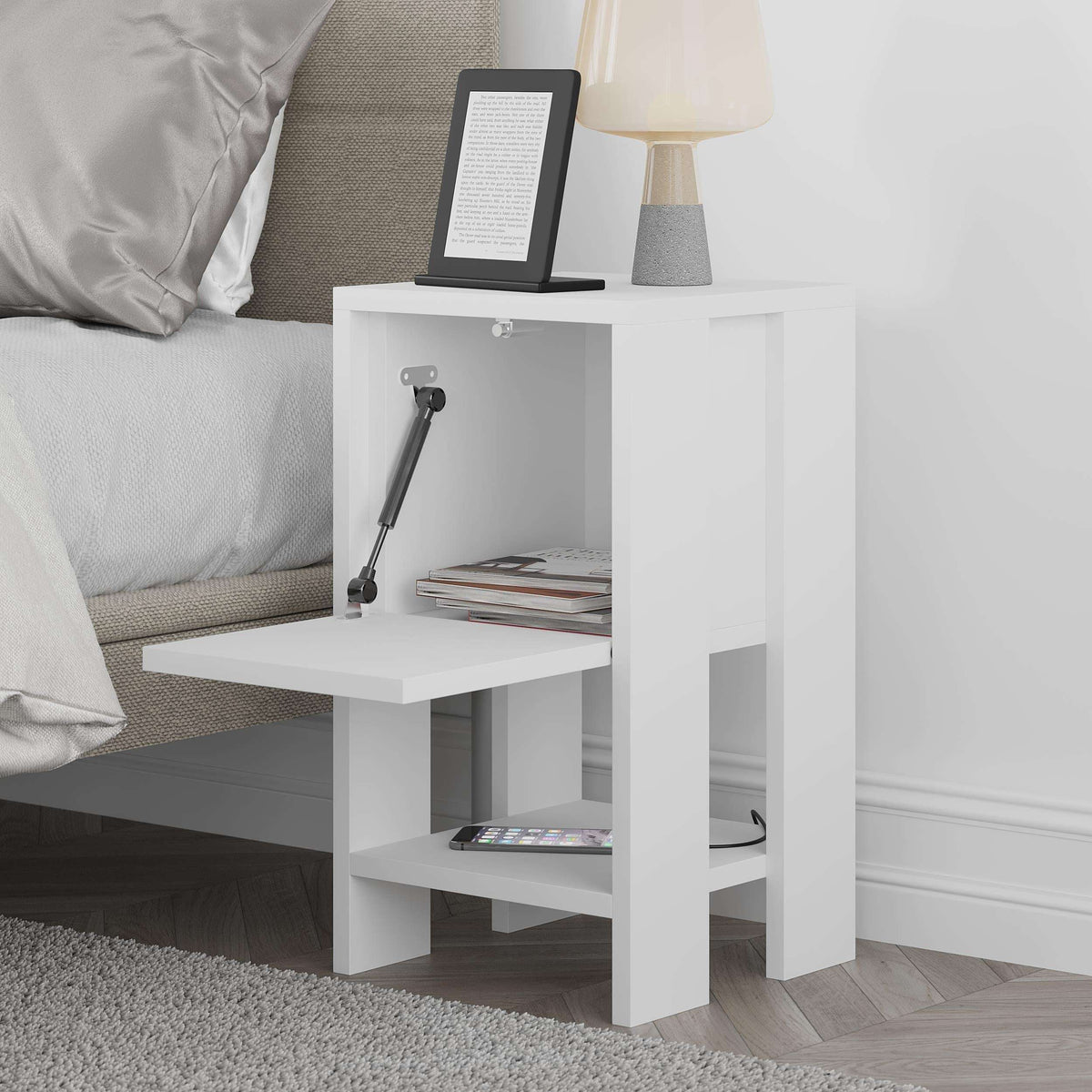 White bedside table with open cubby and single front door
