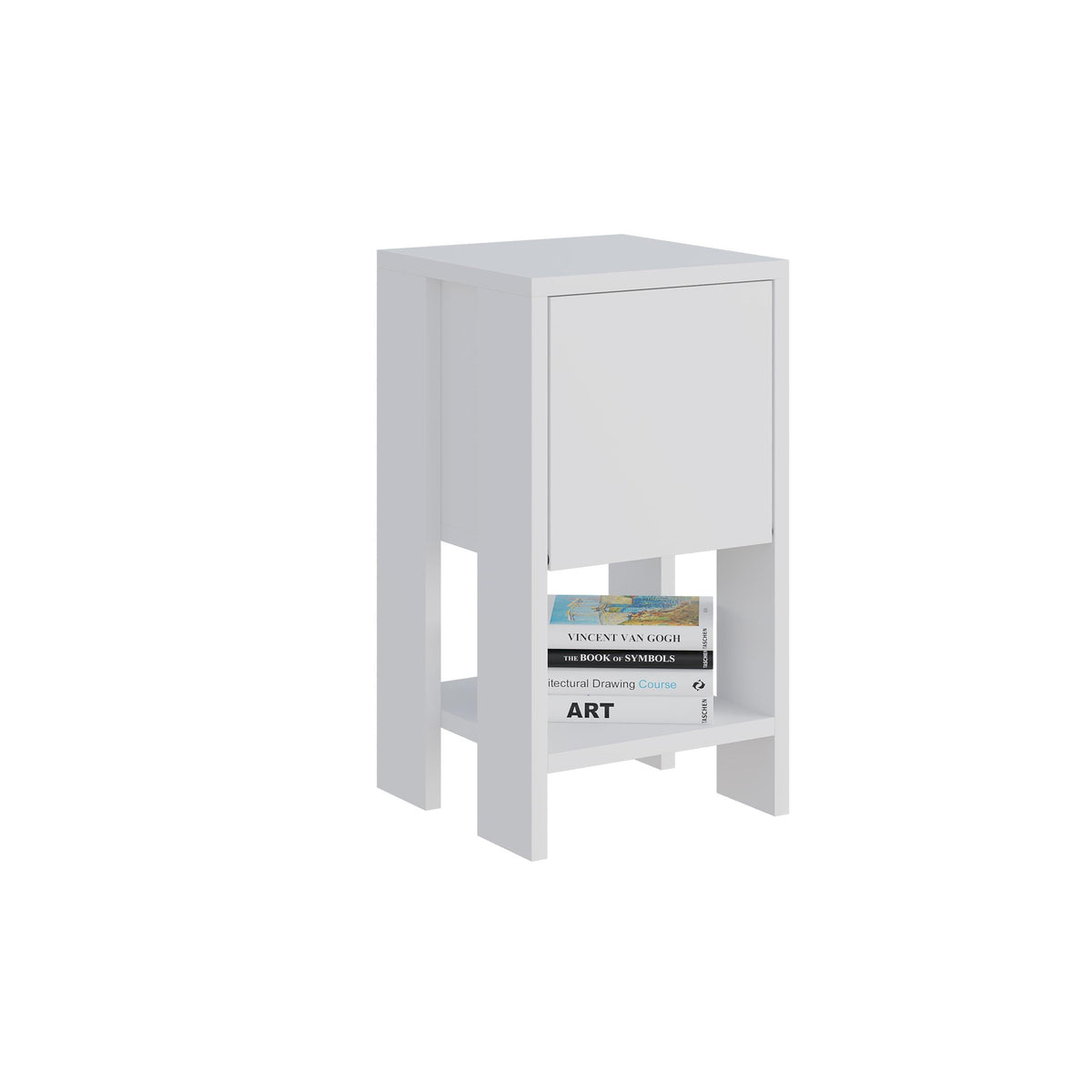 Modern bedside table in white with open shelf holding books and magazine