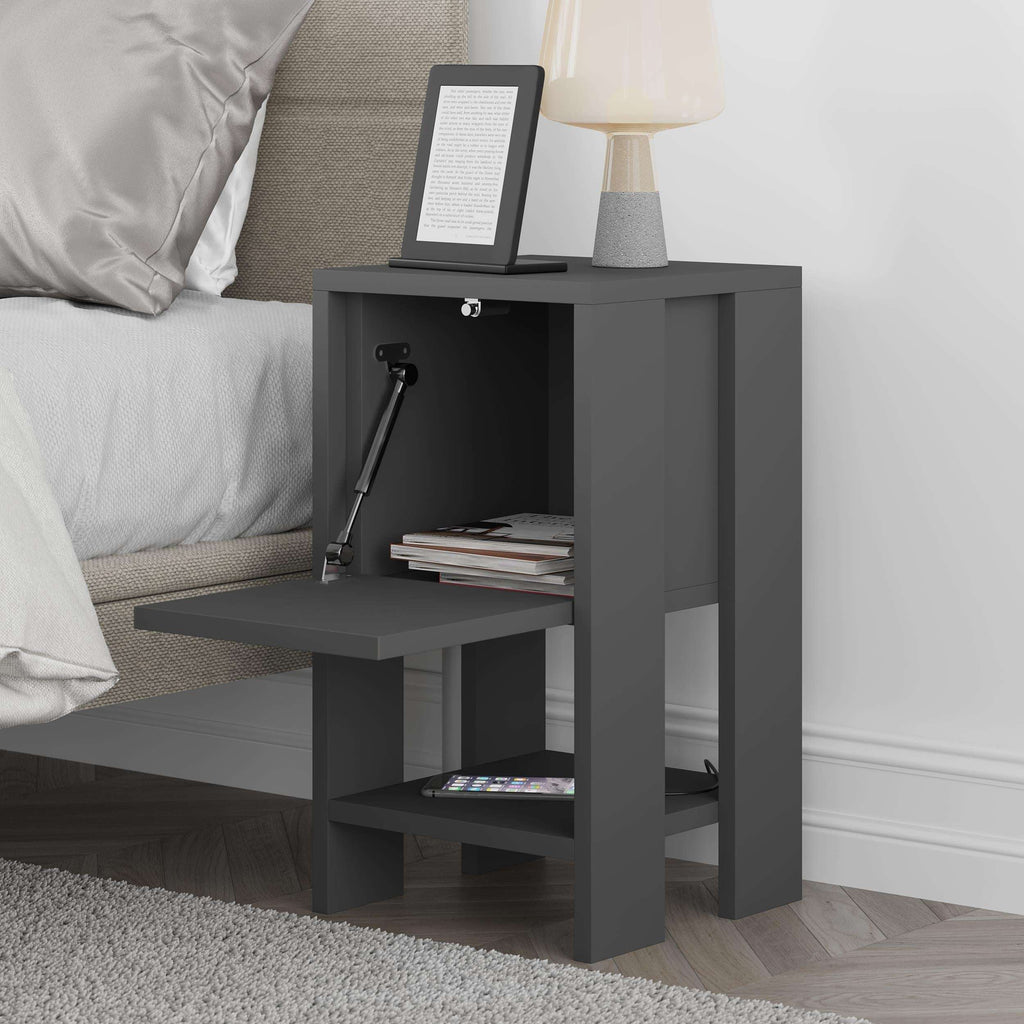 Modern bedside table in dark gray with open cubby and small side shelves