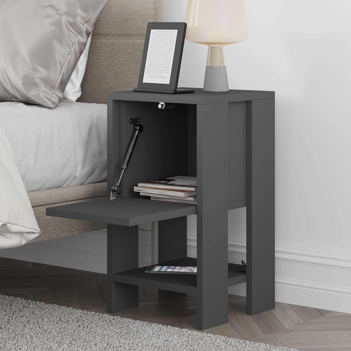 Modern bedside table in dark gray with open cubby and small side shelves