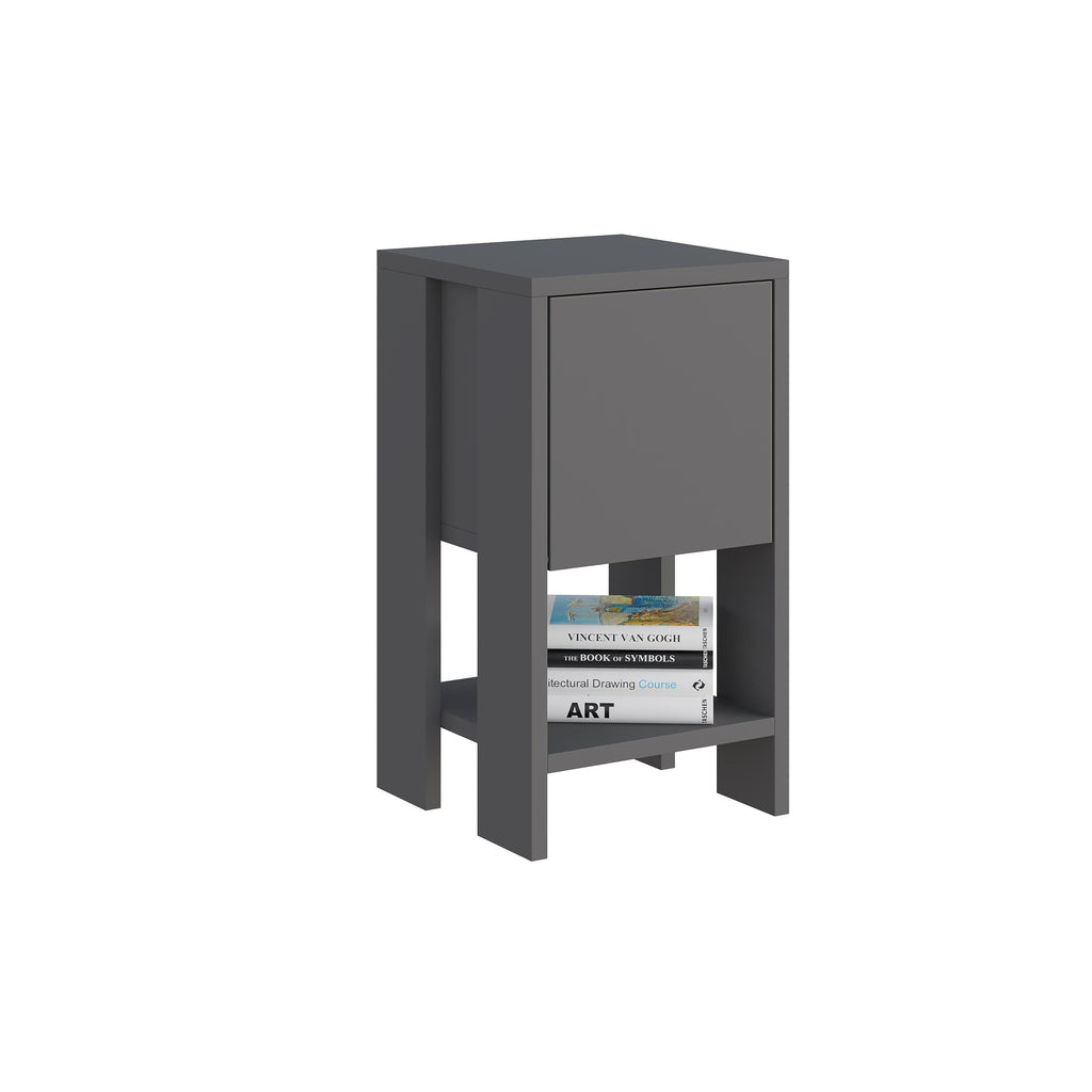 Anthracite bedside table with open shelf and single cabinet door, 30cm wide.