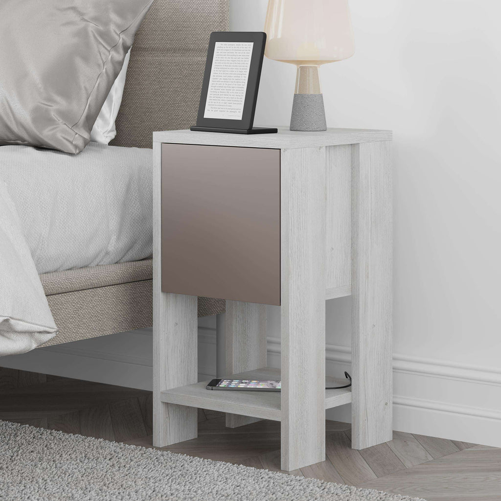 Modern bedside table with light wood body, taupe cabinet door, and open lower shelf