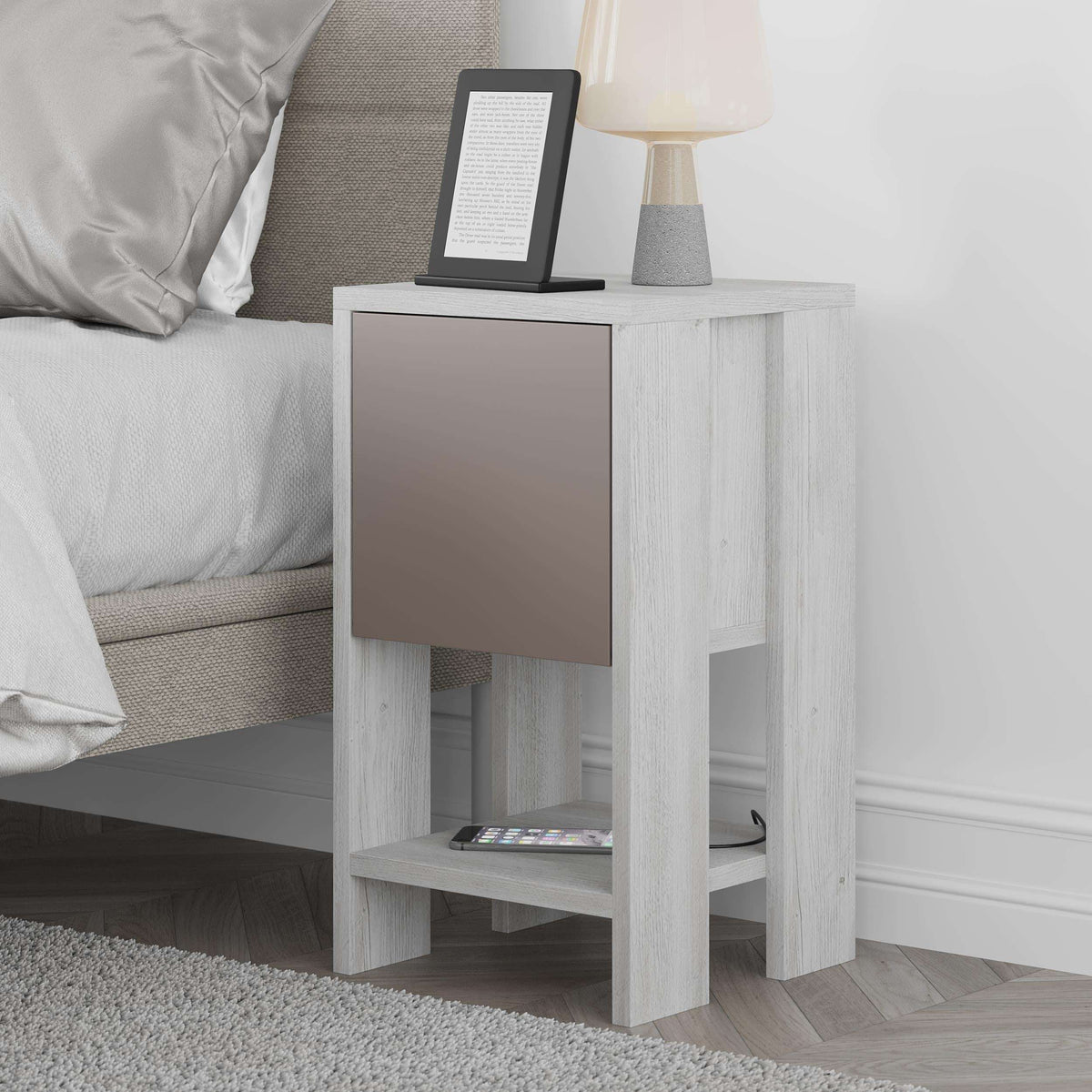 Modern bedside table with light wood body, taupe cabinet door, and open lower shelf