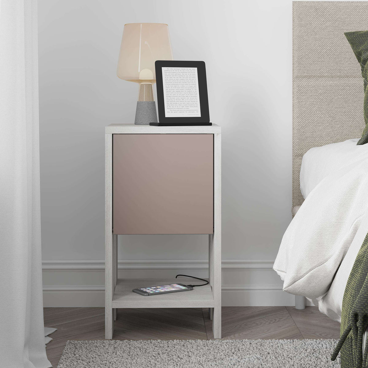 Modern bedside table with whitewashed wood finish and taupe cabinet door